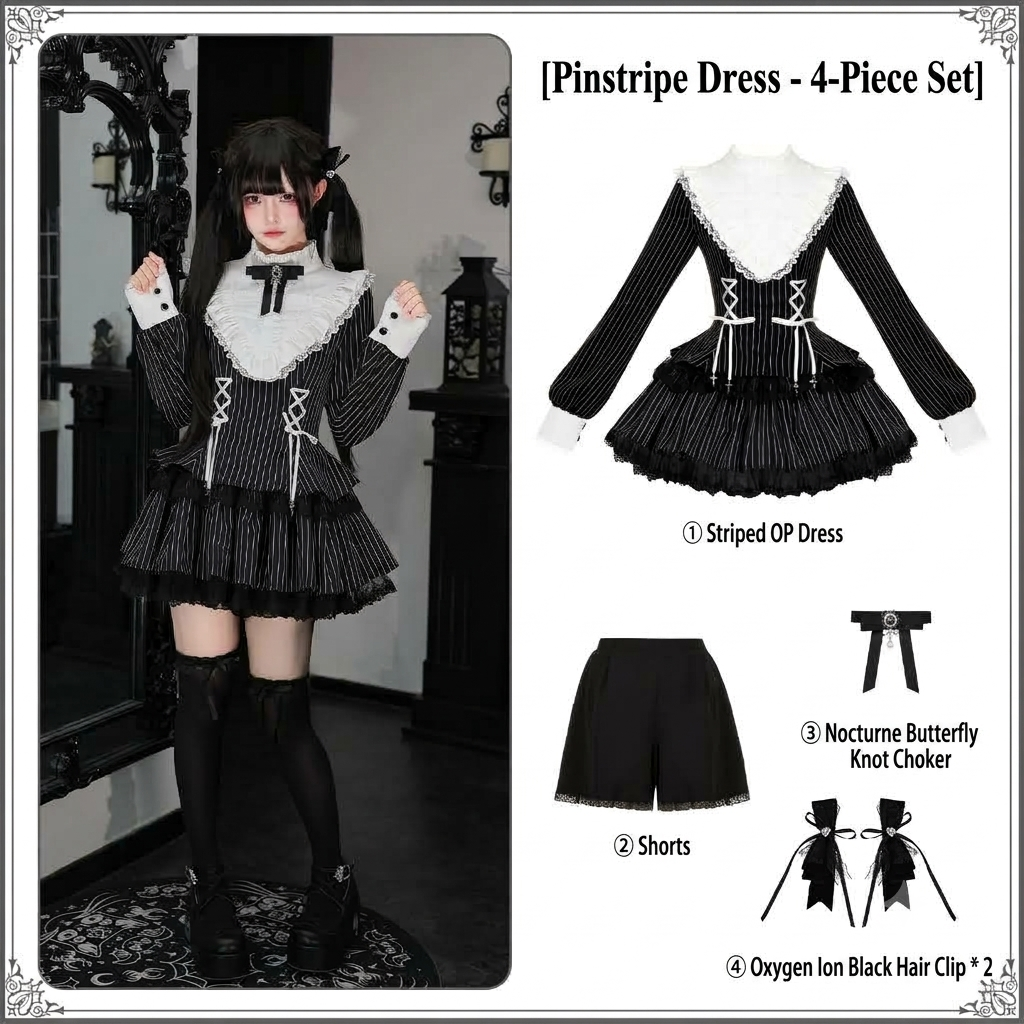 Striped Sweet Lolita Ruffle Dress Set with Slim Panel Cut
