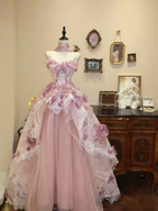 Pink Strapless Princess Gown with Floral Train | CoyBunny