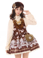 Coffee Teddy Bear Sweet Lolita JSK - Chocolate Print with Lace & Big Bow | CoyBunny