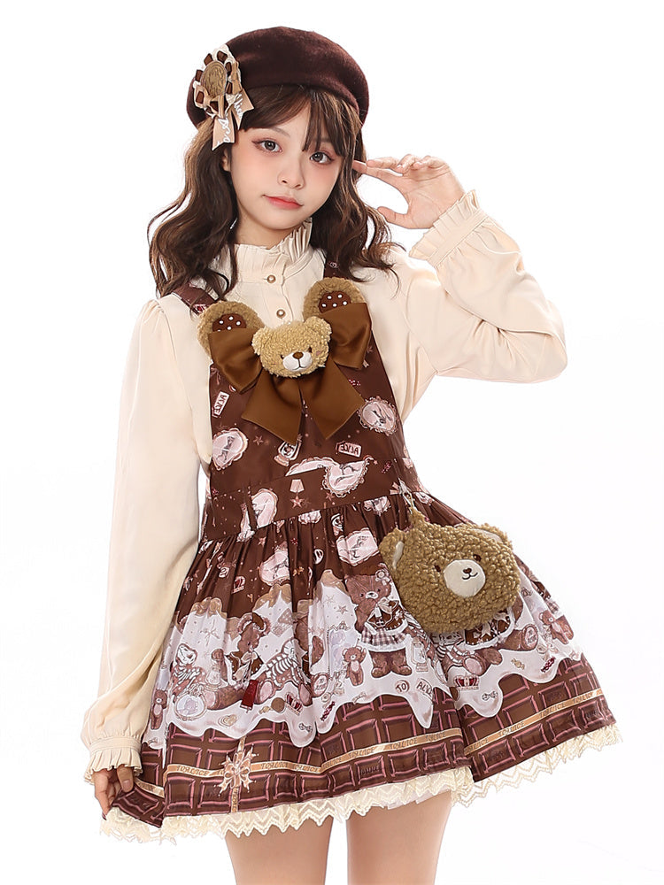 Coffee Teddy Bear Sweet Lolita JSK - Chocolate Print with Lace & Big Bow | CoyBunny