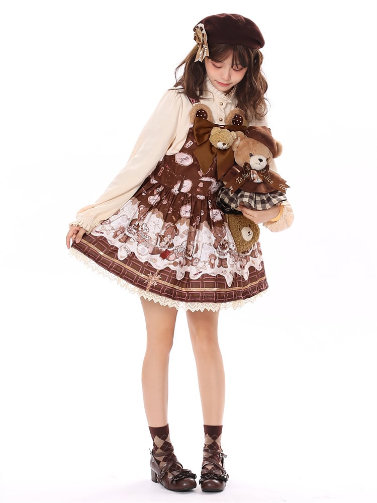 Coffee Teddy Bear Sweet Lolita JSK - Chocolate Print with Lace & Big Bow | CoyBunny
